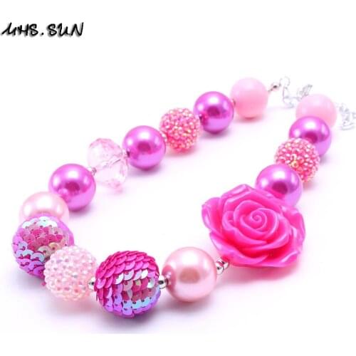 MHS.SUN 2Pc Hot Pink Style Kids Chunky Bubblegum Necklace Flower Girls Children Chunky Beads Necklace Jewelry Gift To Baby