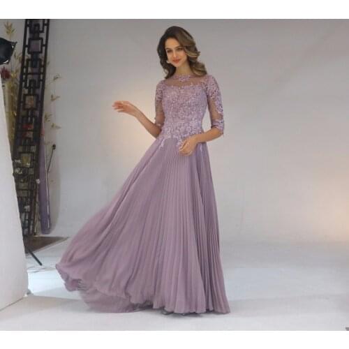 2020 Chiffon Pleated Lace Applique A Line With 1/2 Sleeves Mother Of The Bride Dress Long Vestido De Festa Longo