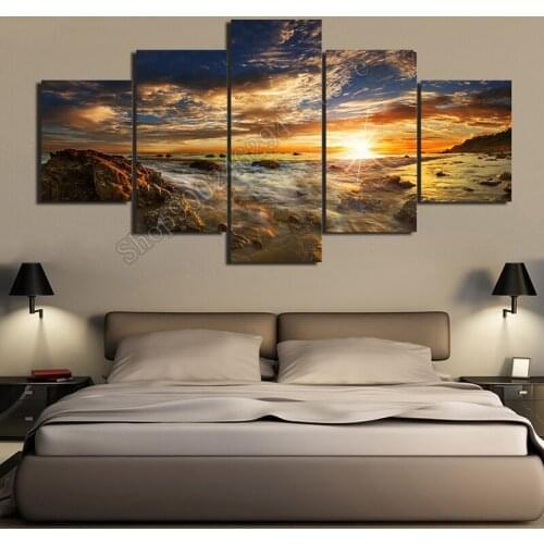 5D Diamond Painting 5 Panel Modern Art Coastal Wave Sunset Embroidery Square and Round Diamond Painting Mosaic CrossstitchFF3818