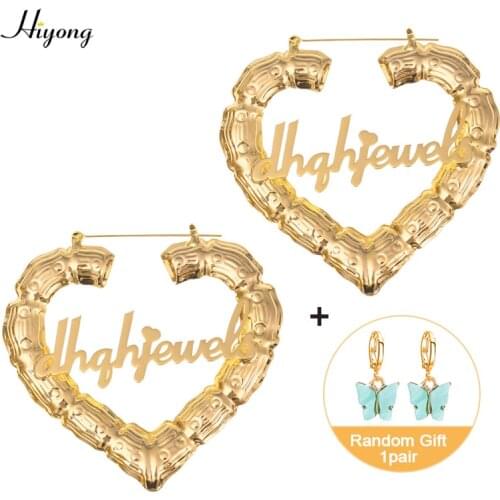 70/90mm Custom Earrings Love shape Hiphop Bamboo Hoop Earrings Customizable Heart Customize Name Earrings for Women Girls