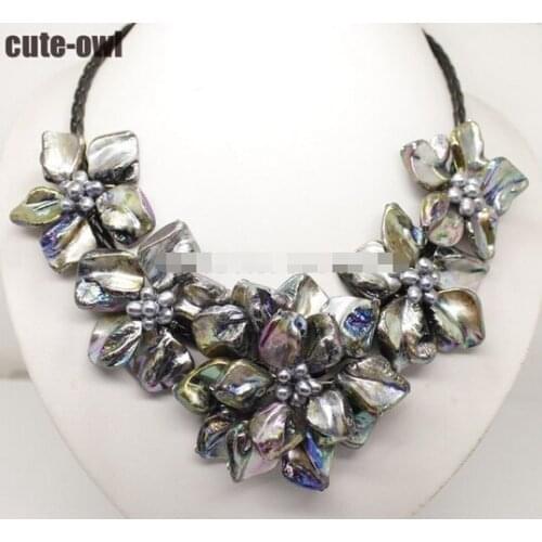 925 Fashion Jewelry mother of pearl shell flower pendant necklace 18"long-Black