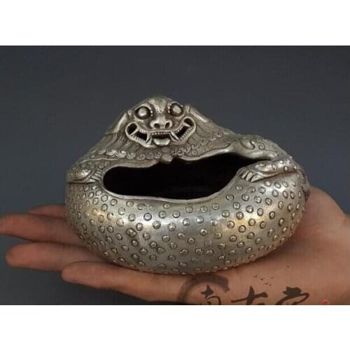 Antique pure copper silver-plated bronze sculpture,Swiss animal Kirin God animal ashtray display household crafts collection