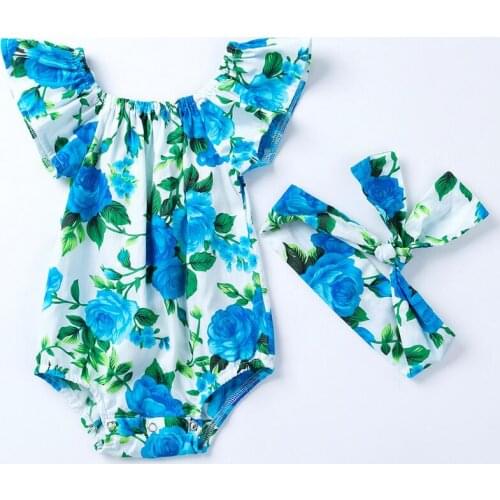 Baby Girls Summer Fruit Flowers Printed Romper Bowknot Headband Sleeveless Beach Style Outfit