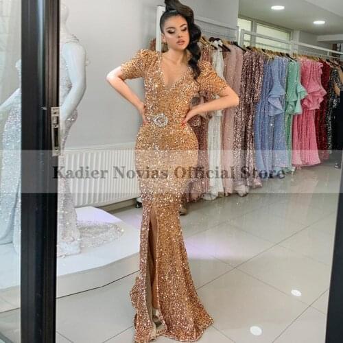 Long Champagne Mermaid Arabic Evening Dresses 2021 with Short Sleeves Prom Dress vestidos de noch fiesta