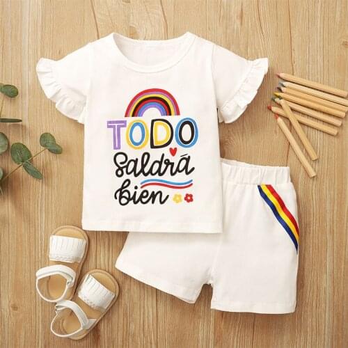 Girls Rainbow Print Set Kid Short Ruffle Sleeve T-shirt + Childrens Shorts