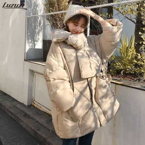 Luzuzi 2021 Winter Jacket Women Solid With Scarf Warm Female 90%White Duck Down Jacket Coat Loose Oversized Womens Down Parka