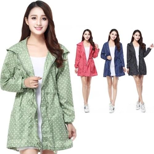 Fashion Lovely Spotted knee-length Long Raincoat Woman Waist-closing windproof waterproof breathable outdoor rain cover