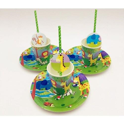 36pcs Cartoon Lovely Jungle Safari Animal Theme Disposable Tableware Set 12pcs 7inch Plates+12pcs Paper Cups+12pcs Paper Straws