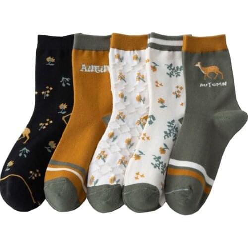 Socks Women Autumn Fawn Floral Letter Japanese Mori Harajuku Korean Fashion Printing Pure Cotton Breathable Sweat-absorbent