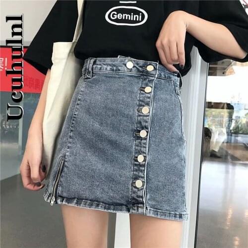 Ucuhulnl 2021 New Denim Skirts for Women High Waist Slimming Skirts Autumn Spring Buttons Tweed Wool Mini Skirt
