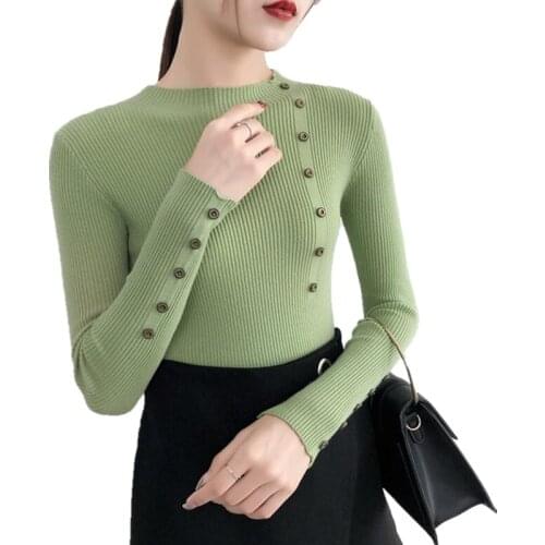 2021 Autumn Winter Women Sweater Soft Elastic Soild Pullovers Button Full Sleeve Turtleneck Sweater Slim Tight Knitted Top S540