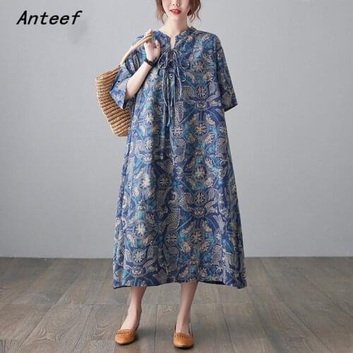 Short sleeve cotton linen vintage floral dresses for women casual loose long woman summer dress elegant clothes 2021