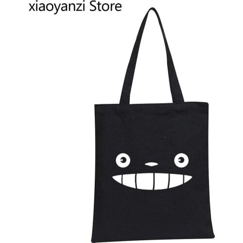 Unisex Casual Anime My Neighbor Totoro Face Print Pattern Women Men Canvas Shopping Bags Totes Eco Reusable Shoulder Bags
