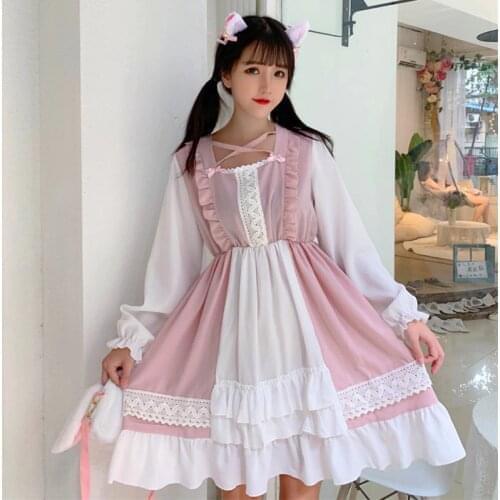 Pink lolita dress vintage Sweet retro lacet victorian dress kawaii girl gothic lolita op palace sweet princess dress loli cos