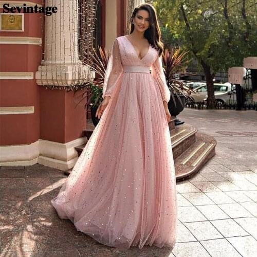 Sevintage Pink A Line Stars Moon Tulle Prom Dresses Long Sleeves V-Neck Evening Gowns Custom Made Formal Women Dress with Train