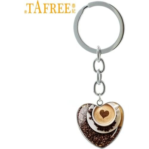 TAFREE New fashion women jewelry Glass Cappuccino Heart Coffee keychain leisure Hot Chocolate Art pendant key chain ring HP276