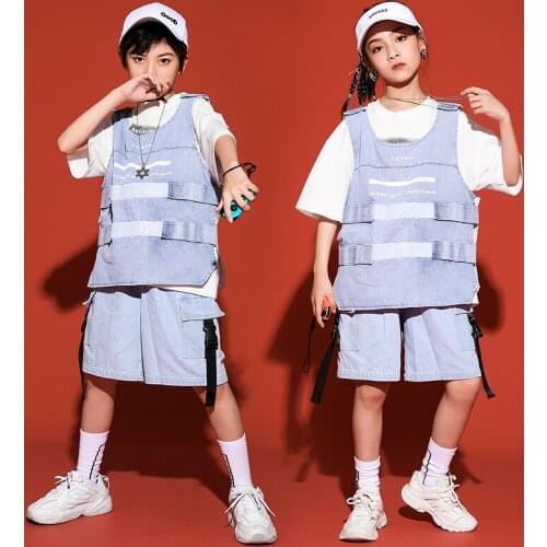 Hip Hop Dancewear Blue Kids Clothes Street Dancer Outfit Performance Costume Designer Clothes Festival Clothing Blue Vest DL8084