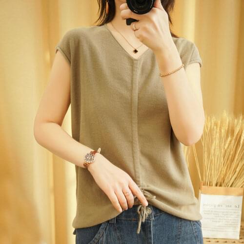 SZDYQH New Summer 100% Cotton Women Solid Color Thin T-shirts Casual Tee Tops Summer V-Neck Short Sleeve Female Knit T shirt