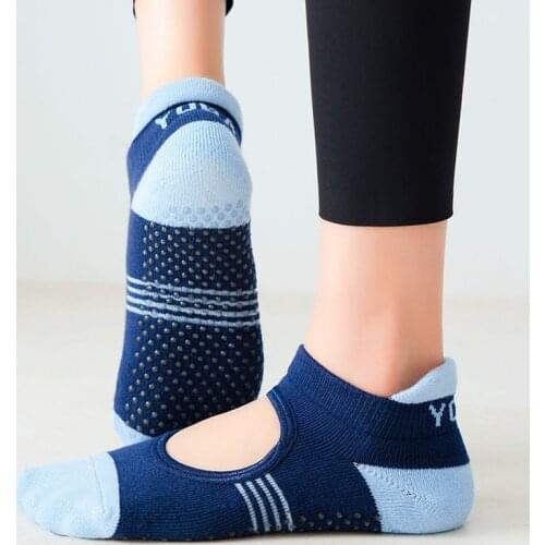 Women Backless Pilates Socks Towel Bottom Breathable Anti Slip Yoga Socks Cotton Ballet Dance Sports Socks for Fitness Gym