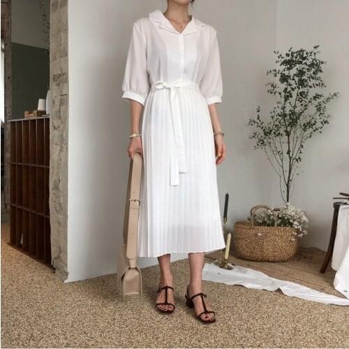 Obrix Spring Summer Vibe Female Dress Light Square Collar Single Breasted Casual Vintage Mid Length Simple Dress For Women
