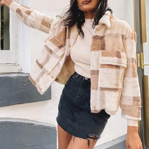 Foridol Faux Fur Plaid Fluffy Coat Jacket Plus Size Women Winter Khaki Casual Vintage Short Coat Fuzzy Streetwear Top 2021
