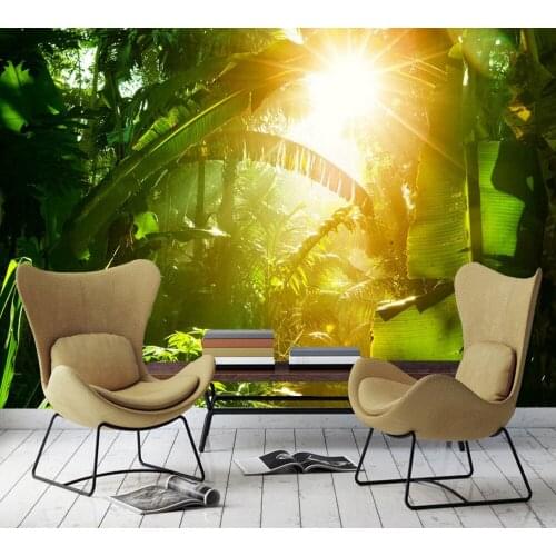 Free Shipping Sunny Green Forest TV Background Wall Custom Wallpaper Tropical Style 3d Living Room Decoration Cheap Mural