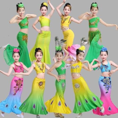 New Arrive Childrens Elastic Peacock Dance Costume Chinese Folk Dance Dai Peacock Dance Set Stage Costumes for Girls