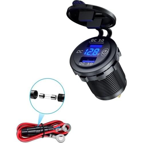 DIY 12V-24V Car Charger Dual QC3.0 USB Charger with LED Voltmeter 60CM Fuse Cable for Marine Boat Motorcycle Truck Golf Cart