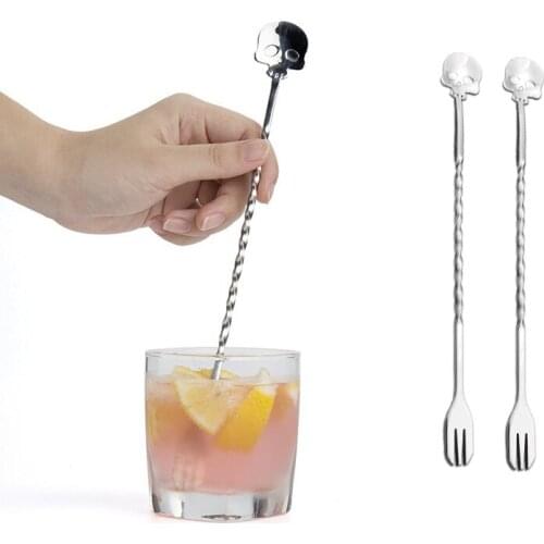 Creative Stainless Steel Skull Bar Spoon Skeleton Shape Cocktail Mixing Spoon with Fork Cool Bar Tools Accessories