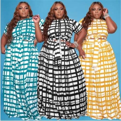 Summer woman Large size two-piece suit printing stripe Bandage Elasticity Slim T-shirt + long skirt Womens casual dress