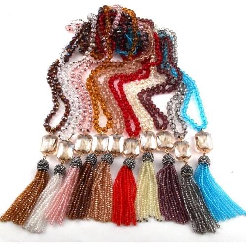 Fashion Bohemian Jewelry Glass Long Knotted Rectangle Crystal Link Tassel Necklaces For Women