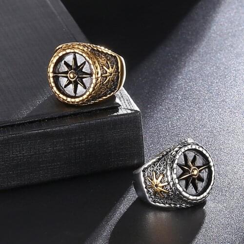 Vintage Rudder Compass Rings For Men Gold/Steel Stainless Steel Viking Ring Mens Fashion Punk Navy Style Viking Accessories