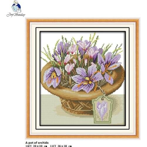 Joy sunday A pot of orchids Canvas DMC 11ct 14ct Counted Chinese Cross Stitch Kits printed for Embroidery Home Decor