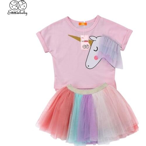 2018 new lovely kid 2Pcs unicorn set Kids Baby Girls Unicorn Top T-shirt tulle tutu Skirt lovely children Outfits Clothes sets