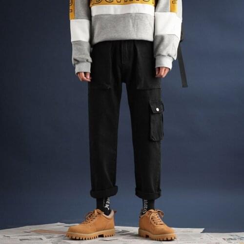 Wholesale 2020 Fashion Mens loose cropped trousers youth casual pants trendy fashion handsome multi pocket overalls jeans