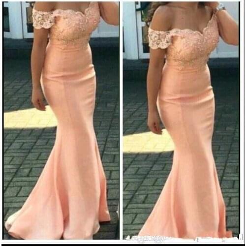 Bridesmaid Dresses 2020 For Weddings Off Shoulder Peach Cap Sleeves Lace Appliques Mermaid Floor Length Plus Size Formal gown