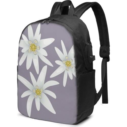 Teenage Backpack for School Boy Girl White Edelweiss Flowers School Bag USB Charging Bookbag