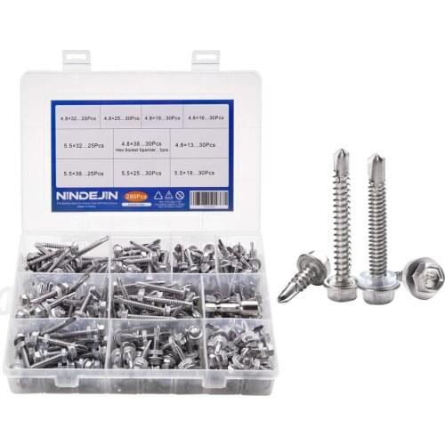 286pcs 410 Stainless Steel M4.8 M5.5 Hexagon Flange Self-drilling Tapping Screws Thread Assorted Kit With Hex Socket Wrench