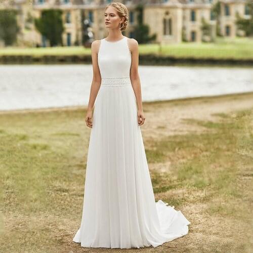 Modest A-Line Chiffon Floor Length Sweep Train Wedding Gowns 2021 O-Neck Sleeveless Lace Appliques Bridal Dresses Robe De Mariée