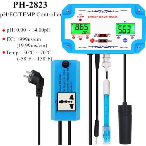 PH-2823 3 in 1 pH/TEMP/EC Controller pH Water Quality Detector Relay Plug Repleaceable Electrode BNC Type Probe Water Tester