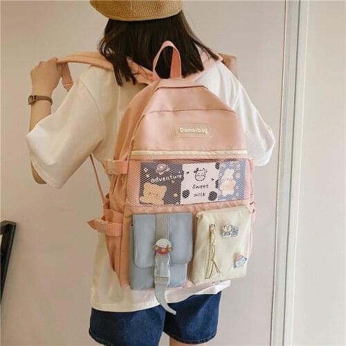 Waterproof Large-capacity Backpacks With Many Pockets Fashion Womens Backpack Nylon Kawaii Contrast Color School Bag For Girls
