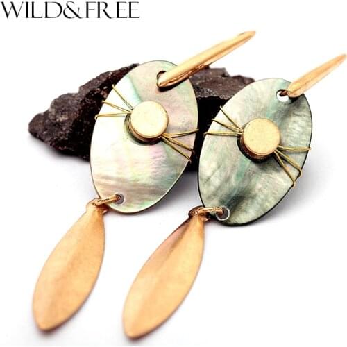 WILD & FREE Women Handmade Vintage Natural Shell Drop Earrings Zinc Alloy Antique Gold Metal Pendant Dangle Earrings Jewelry