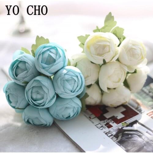 YO CHO Artificial Silk Rose Flower Mini Bouquet 7 Heads Candy Color Fake Lotus Rose Flower Pink Home Party Wedding Table Decor