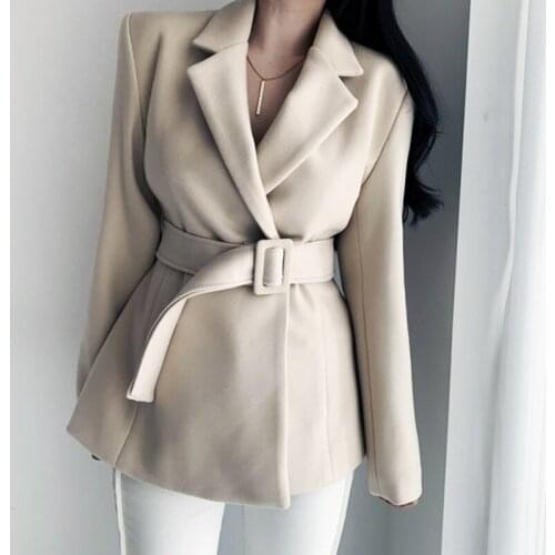 Women Spring Single Breasted Woolen Jacket Sungtin Korean Casual Sashes Office Lady Wool Coat Female Elegant Loose Warm Overcoat
