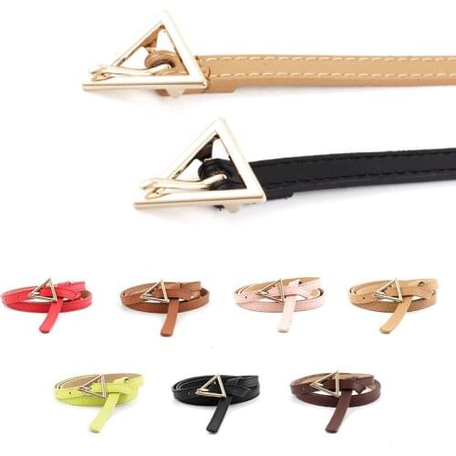 Women Thin Belt Pin Buckle Triangle Gold Clasp Luxury Brand Fashion Trendy Designer Dress Mini Small Simple PU Leather Belts