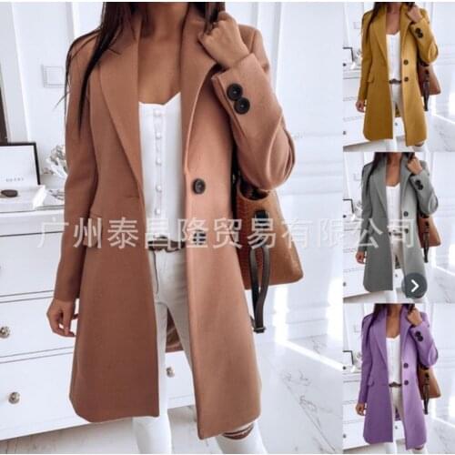 2021 European and American Foreign Trade Lapel Solid Color Self-cultivation Fashion Temperament Commuter Woolen Coat Long