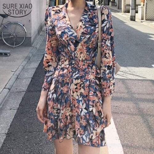 Vintage Chic Summer Floral Women Dress 2021 Long Sleeve Print Short Dress Party Elegant High Waist Female Dresses Vestidos 13929