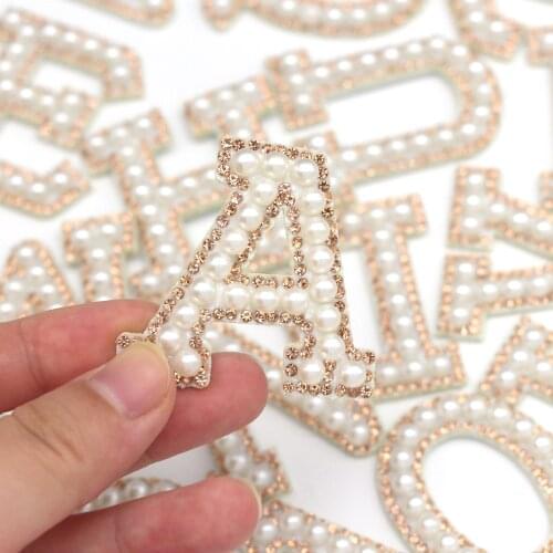 1Pcs Letter Patches Champagne Rhinestone Pearl Alphabet Patches For Clothes 3D Beads Applique Sew/Glue On Badge For Bag Hat Jean
