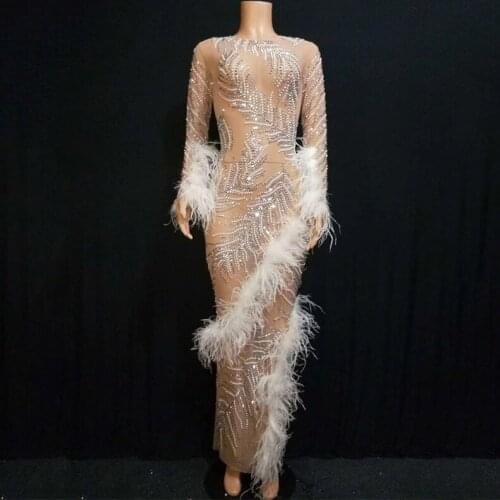 2019 Rhinestones pearls Mesh Dress Birthday Celebrate Dress Feather See Through Outfit Singer Prom Party Long Dresses DN1356