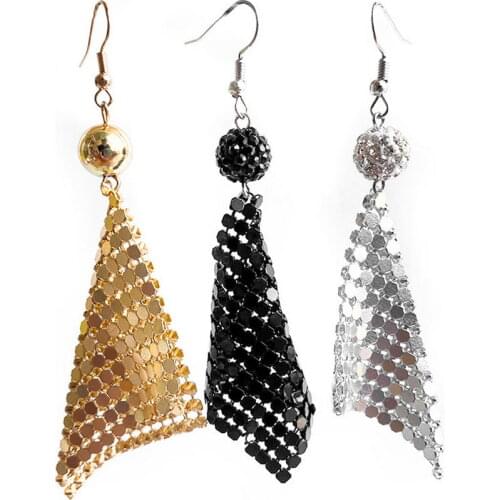 Shine Disco Ball Sequins Tassel Earrings Drop Exaggerated Geometric Club Metal Sequins Square Mesh Dangling Pendant Earrings